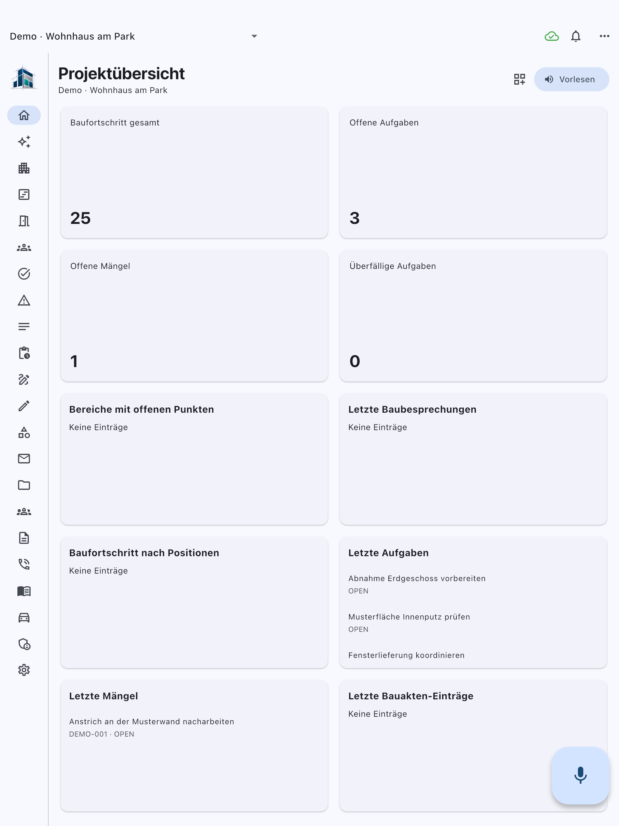 Projektübersicht in der orga.cam-App mit einem Demoprojekt
