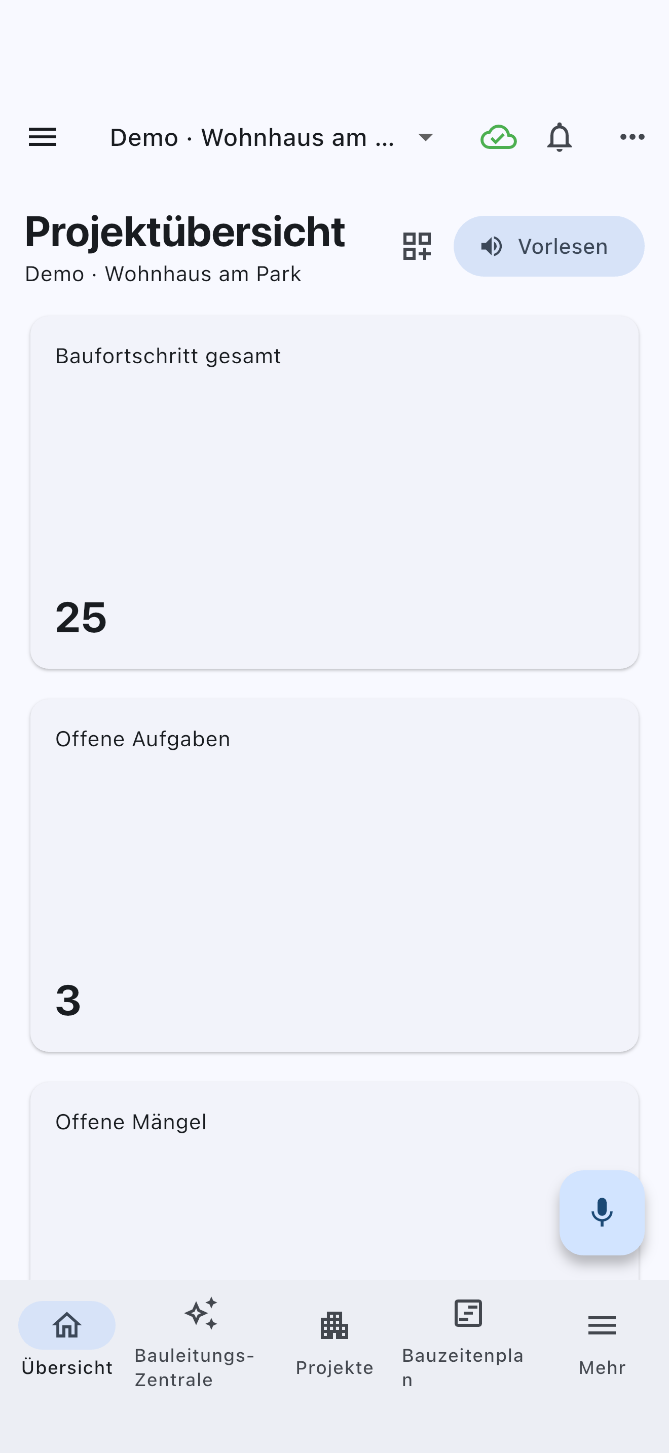 orga.cam-Projektübersicht auf dem iPhone mit Demodaten